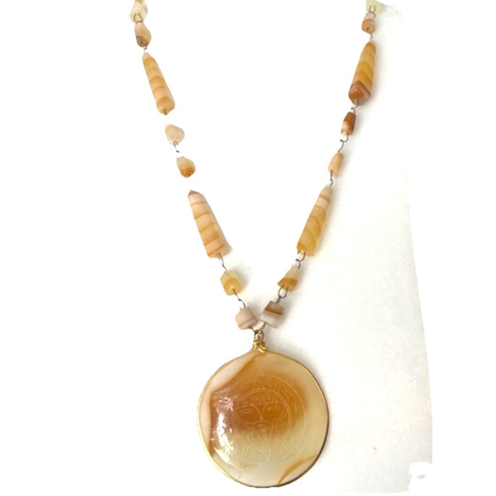 Aztec Sun Pendant Necklace- Alabaster Medallion